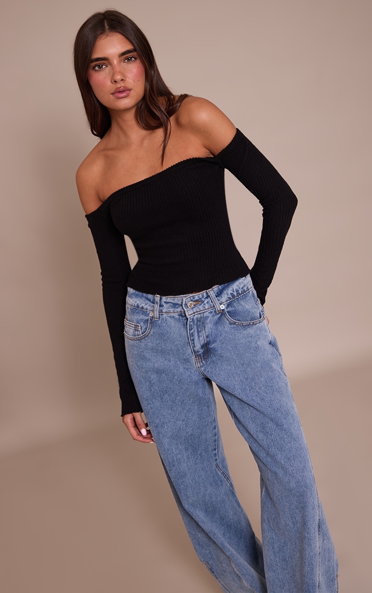 Black Brushed Rib Knit Bardot Long Sleeve Top