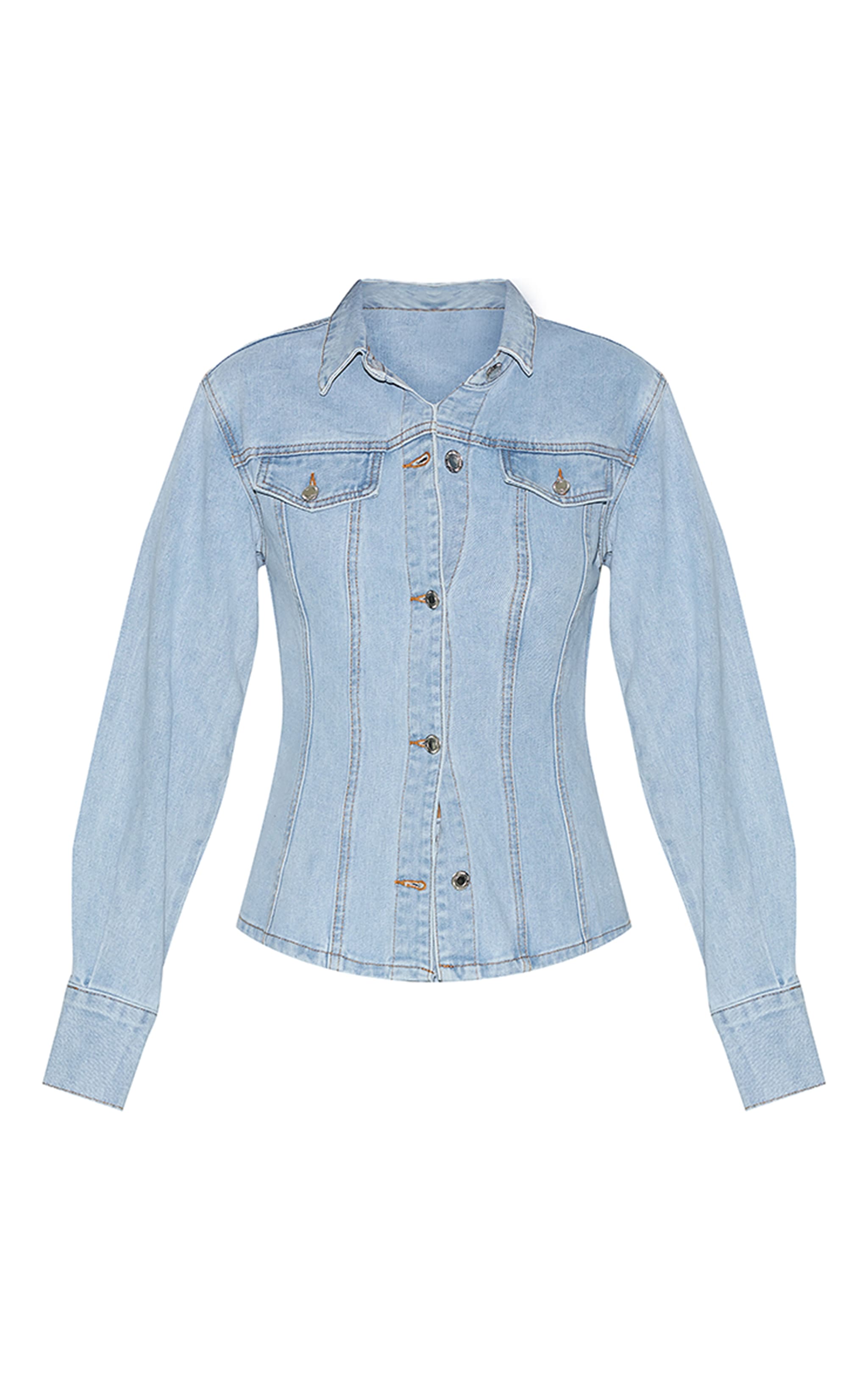 Tall Chemise cintrée en jean bleu clair délavé à manches longues image 5