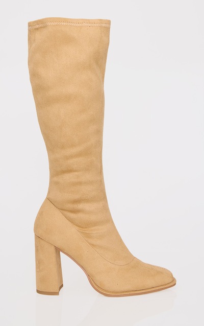 Camel Faux Suede Round Toe High Block Heel Knee High Boots