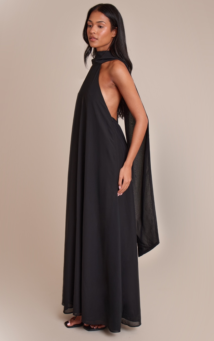 Tall Black Chiffon High Neck Scarf Detail Maxi Dress image 3