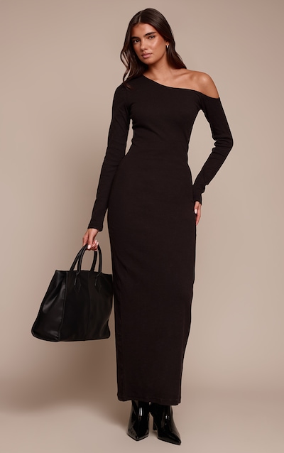Black Ribbed Asymmetric Long Sleeve Maxi Dress