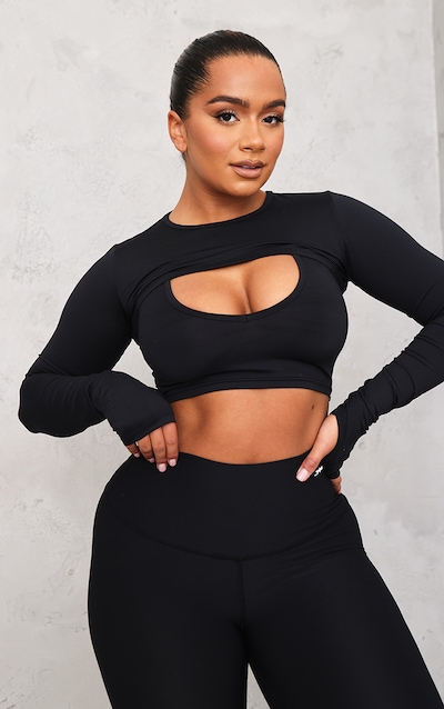 Shape Black Brushed Cotton Branded Active Overlay Crop Top