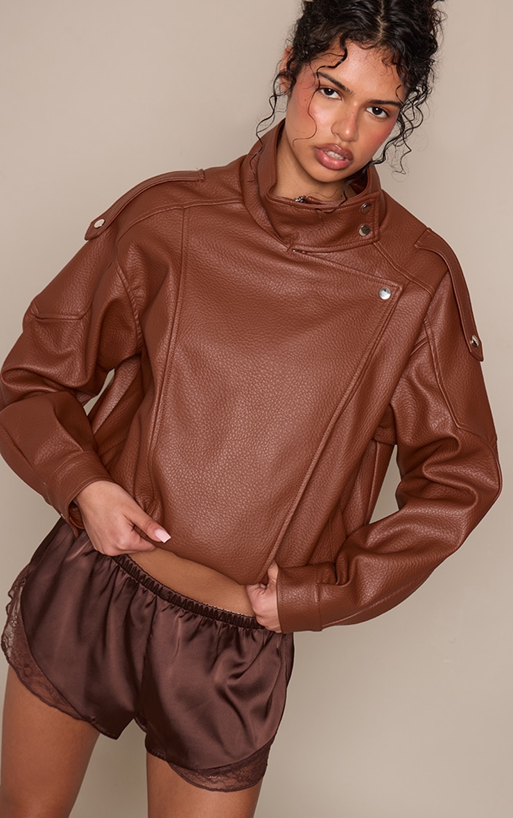Tan Funnel Neck Faux Leather Biker Jacket