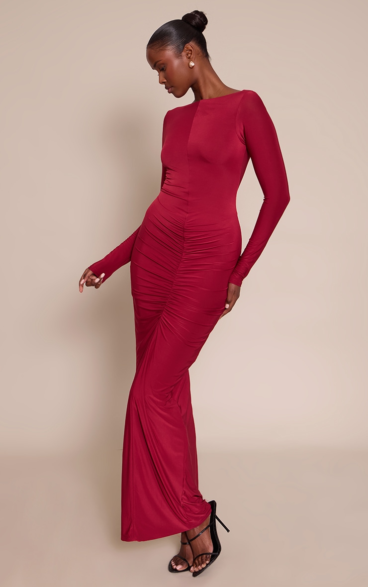 Wine Slinky Ruched Low Back Maxi Dress image 3