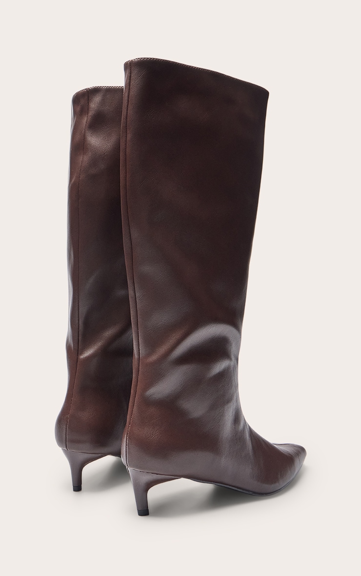 Chocolate Pu Point Toe Low Stiletto Knee High Heeled Boots