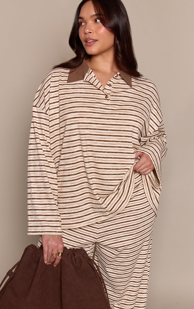 Plus Light Brown Soft Rib Striped Detail Collared Long Sleeve Top image 1