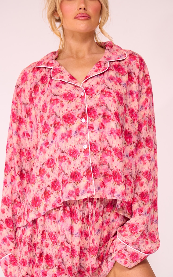 Pink Watercolour Floral Crinkle Piping Long Sleeve Shirt And Short Pj Set image 4