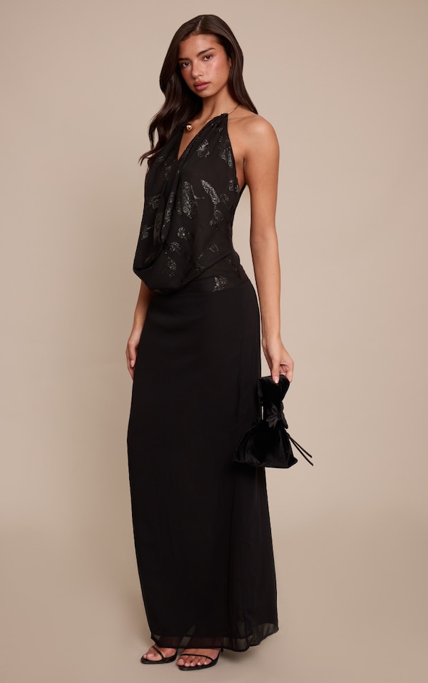 Black Textured Cowl Trim Neck Maxi Dress