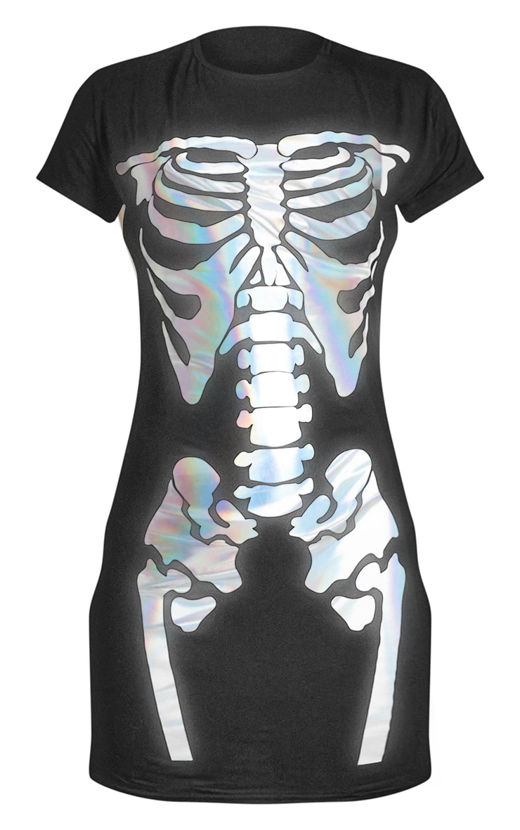 Black Skeleton Holographic Print T-shirt Dress image 5