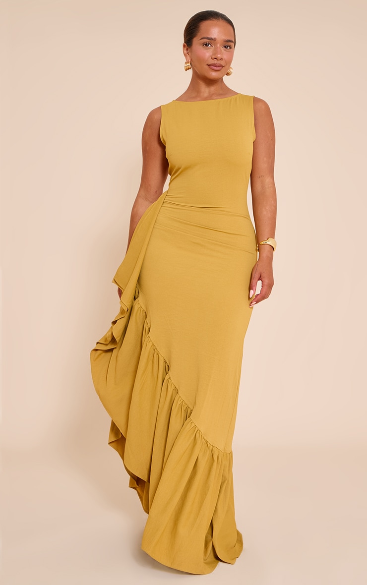 Shape olive Stretch Woven Boat Neck Side Split Frill Maxi Dress image 1