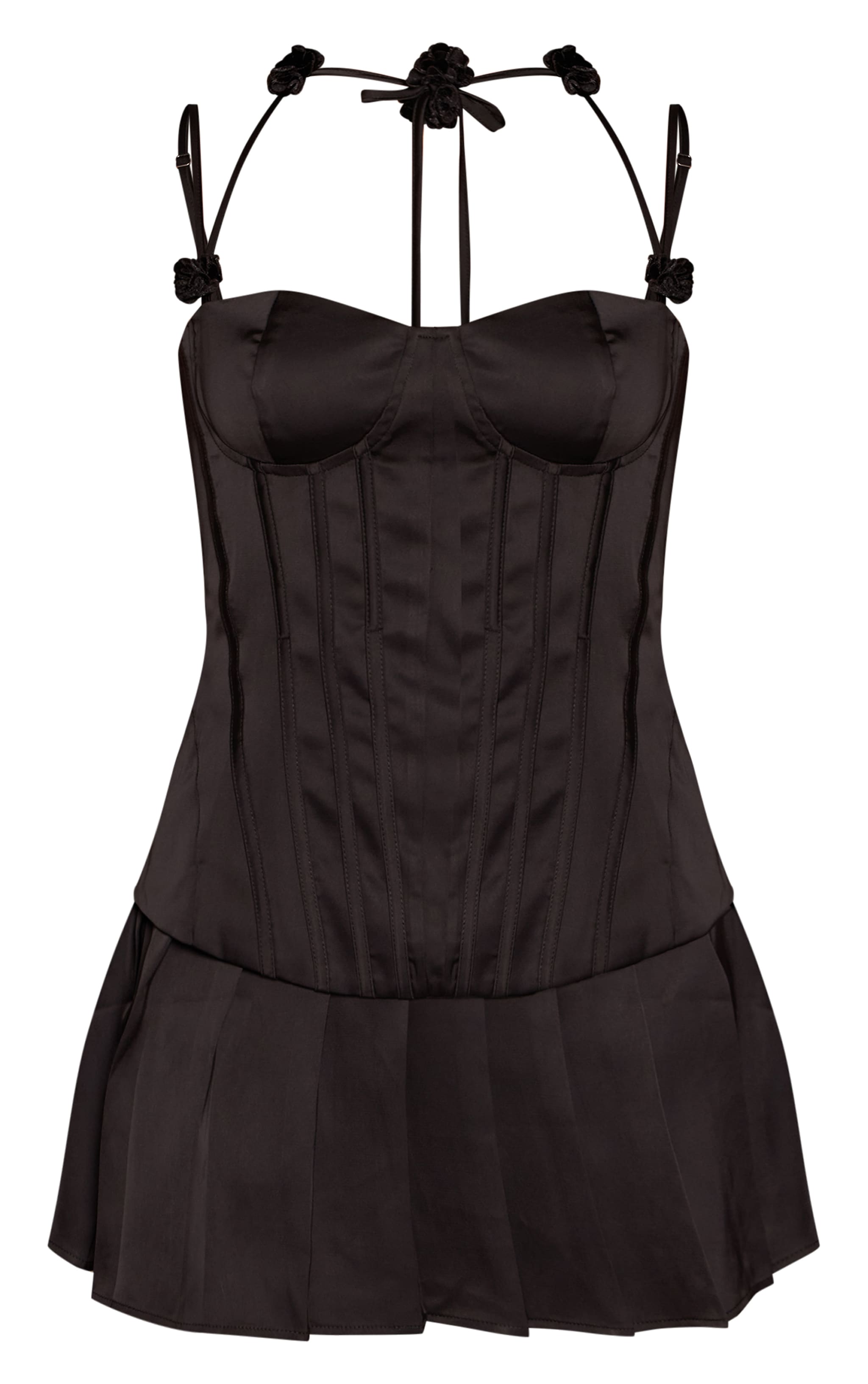 Black Satin Corset Flower Drape Shift Dress image 5
