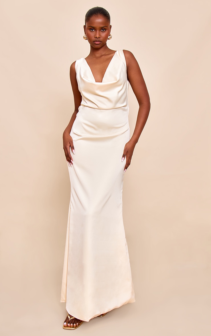 Lemon Bridesmaid Satin Cowl Neck Maxi Dress image 1