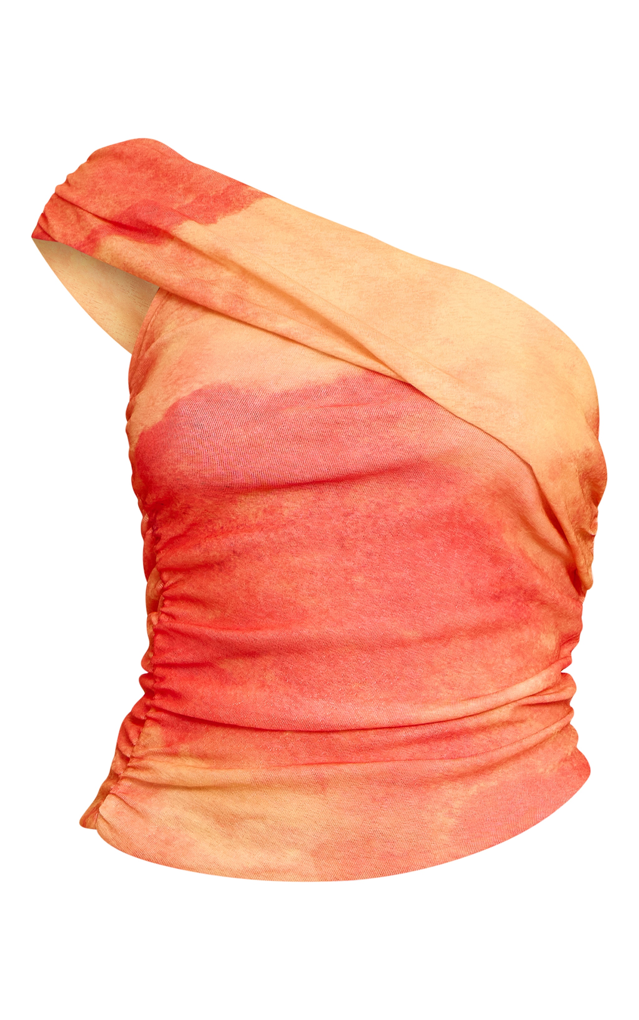 Orange Abstract Print Onion Skin Ruched Side Asymmetric Top image 5