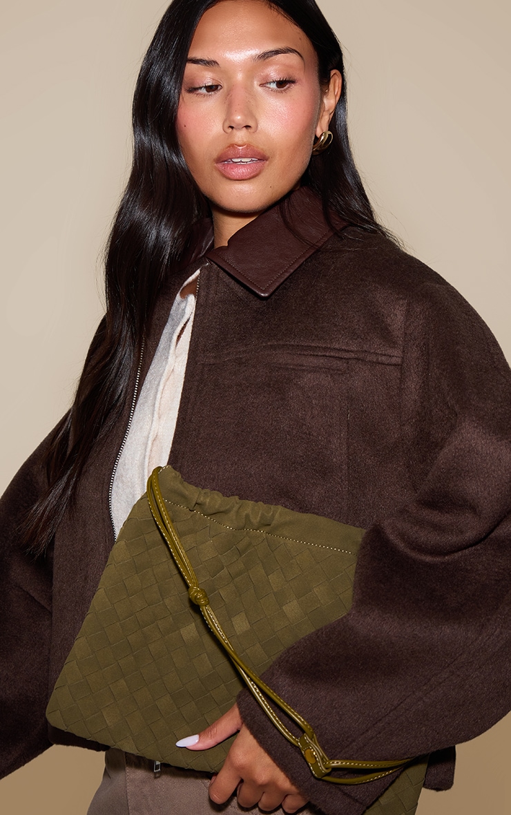 Olive Faux Suede Weave Drawstring Bag image 1