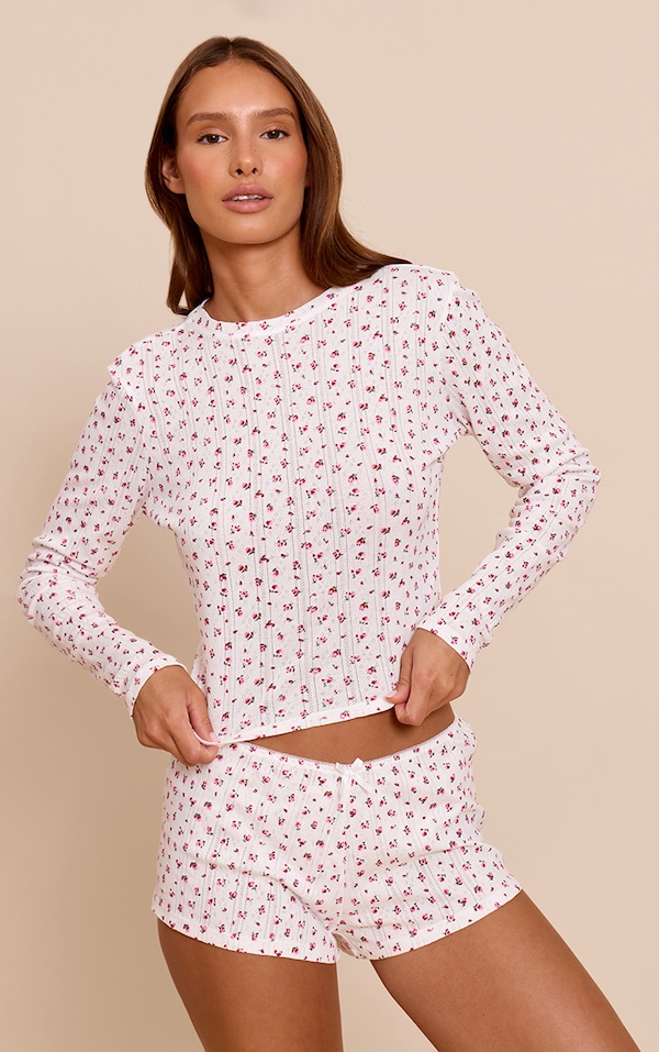 White Ditsy Pointelle Long Sleeve Pajama Top
