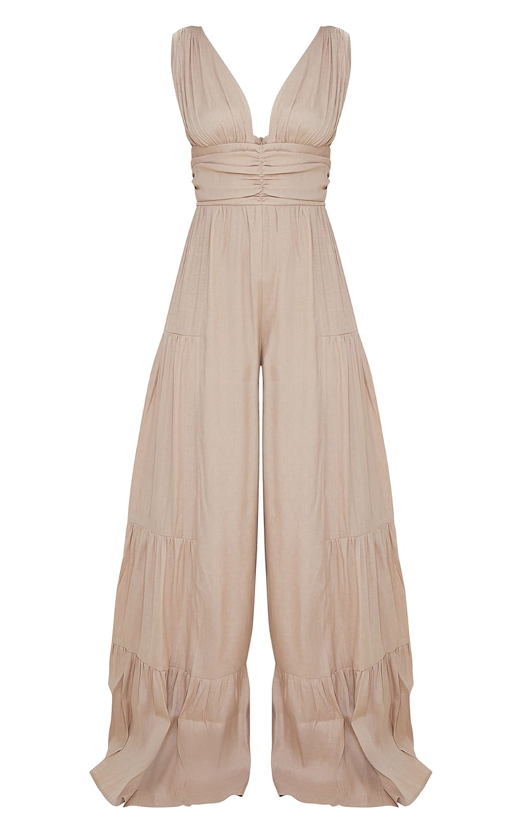 Stone Linen Look Plunge Tiered Wide Leg Jumpsuit image 5