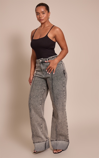 Shape Ash Grey Highwaisted Stretch Denim Pintuck Turn Up Hem Wide Leg Jeans