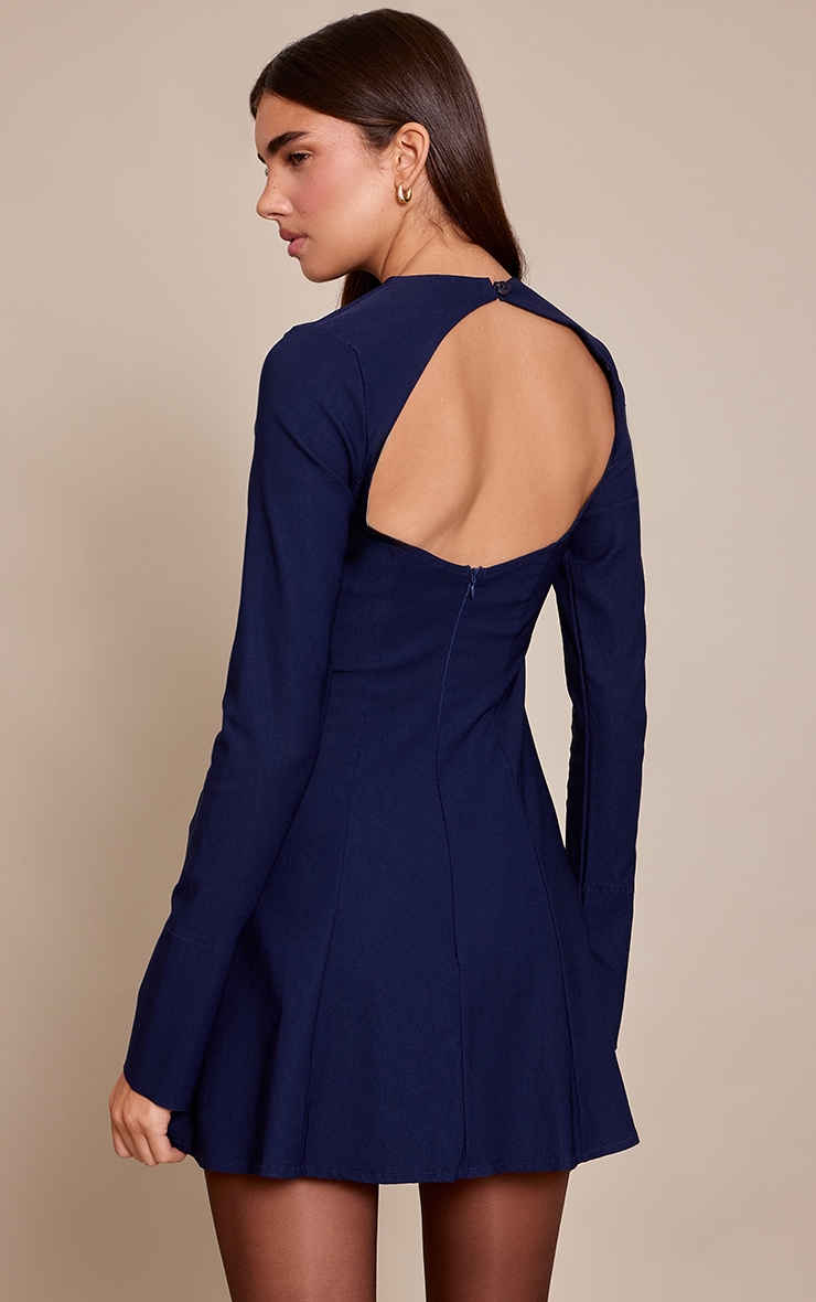 Navy Stretch Woven Boat Neck Flare Sleeve Shift Dress image 2