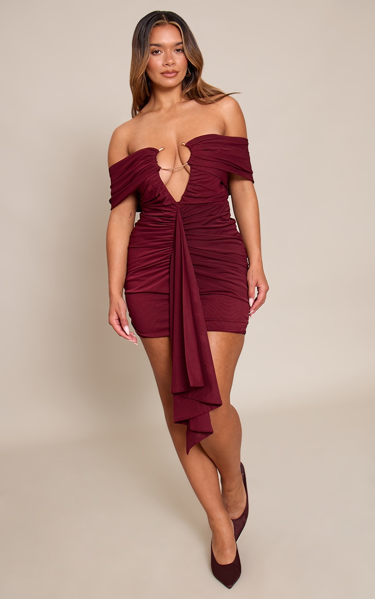 Shape Wine Mesh O Ring Plunge Bardot Mini Dress image 3