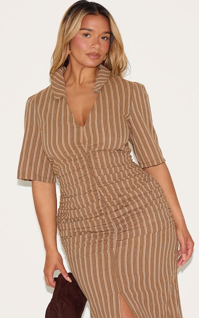 Shape Brown Striped Ruched Front Collared Split Front Maxi Dress