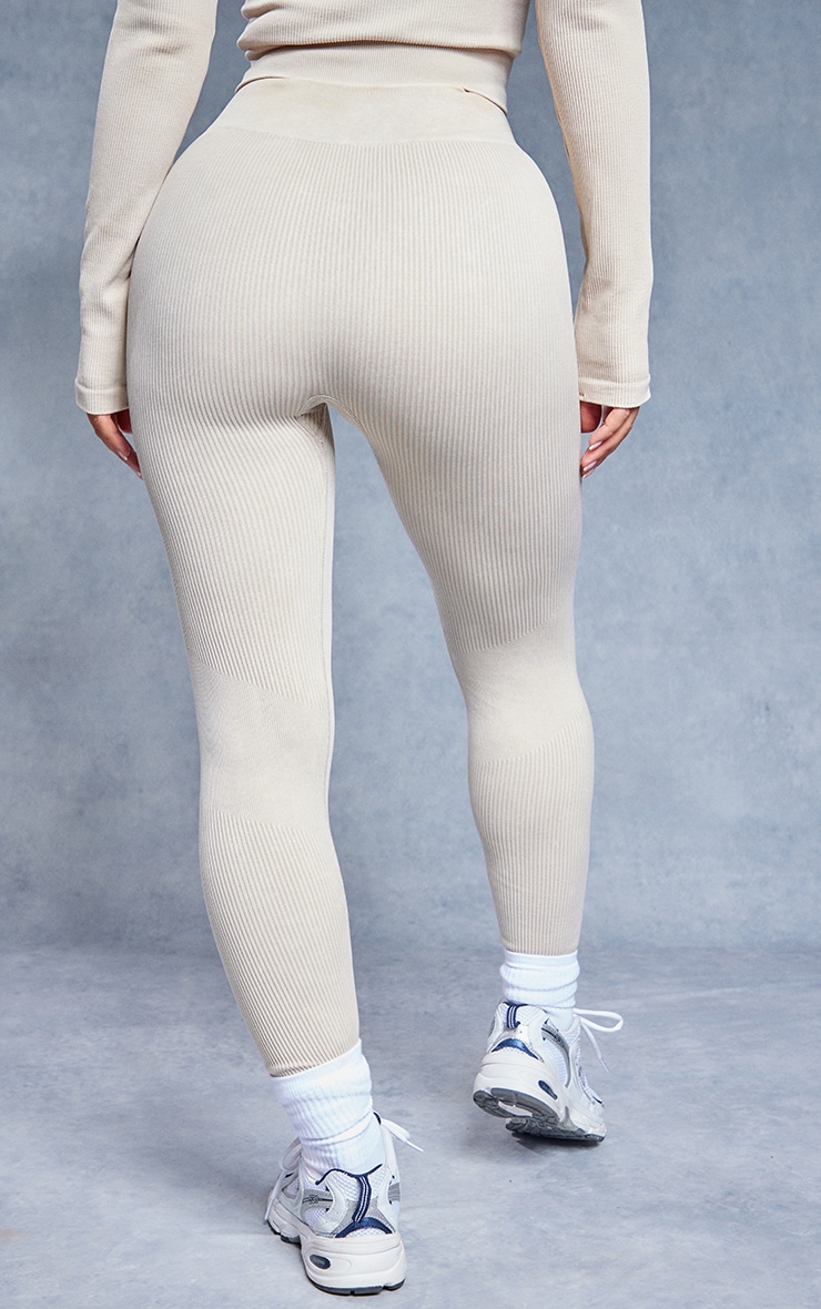 Oatmeal Acid Wash Seamless Rib High Waist Gym Leggings image 3