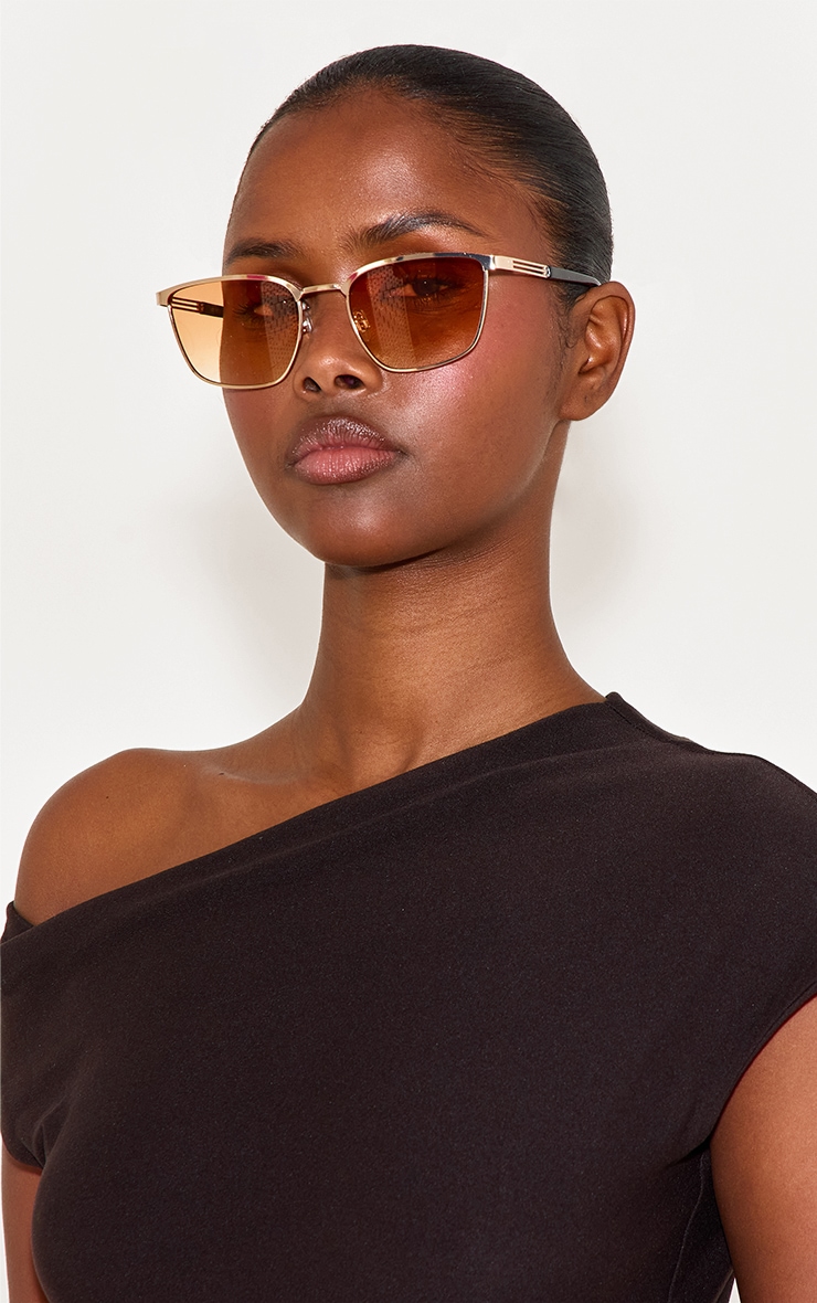 Gold Metal Frame Square Bar Peach Lens Sunglasses image 1