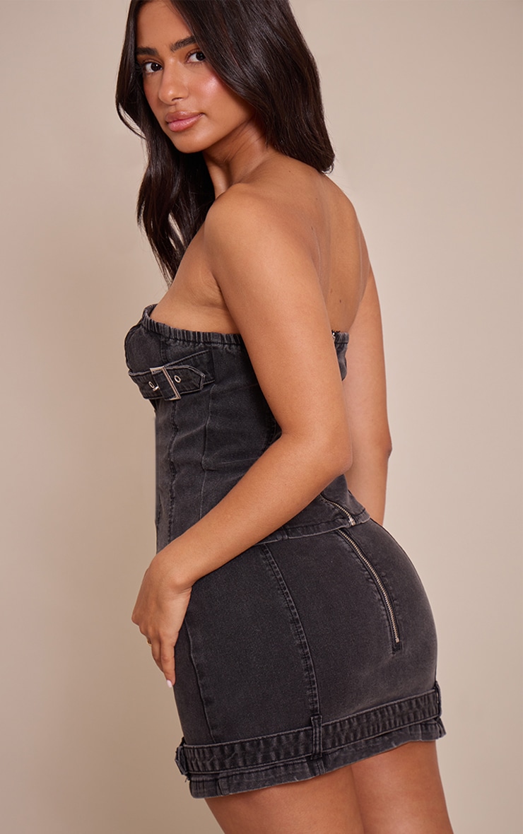 Petite Washed Black Denim Belt Detail Micro Mini Skirt image 3