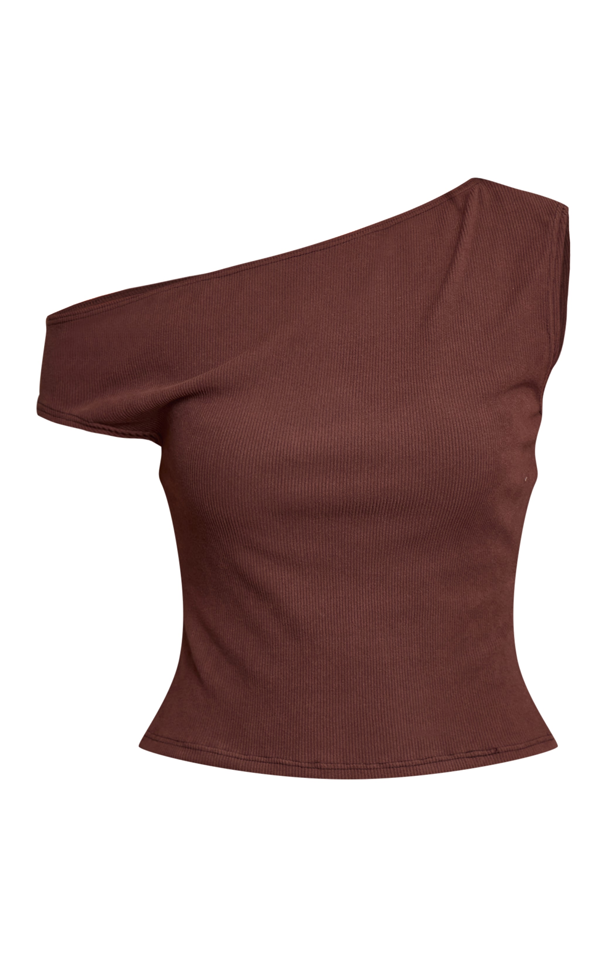 Chocolate Soft Brushed Rib Asymmetric Neckline Long Top   image 5