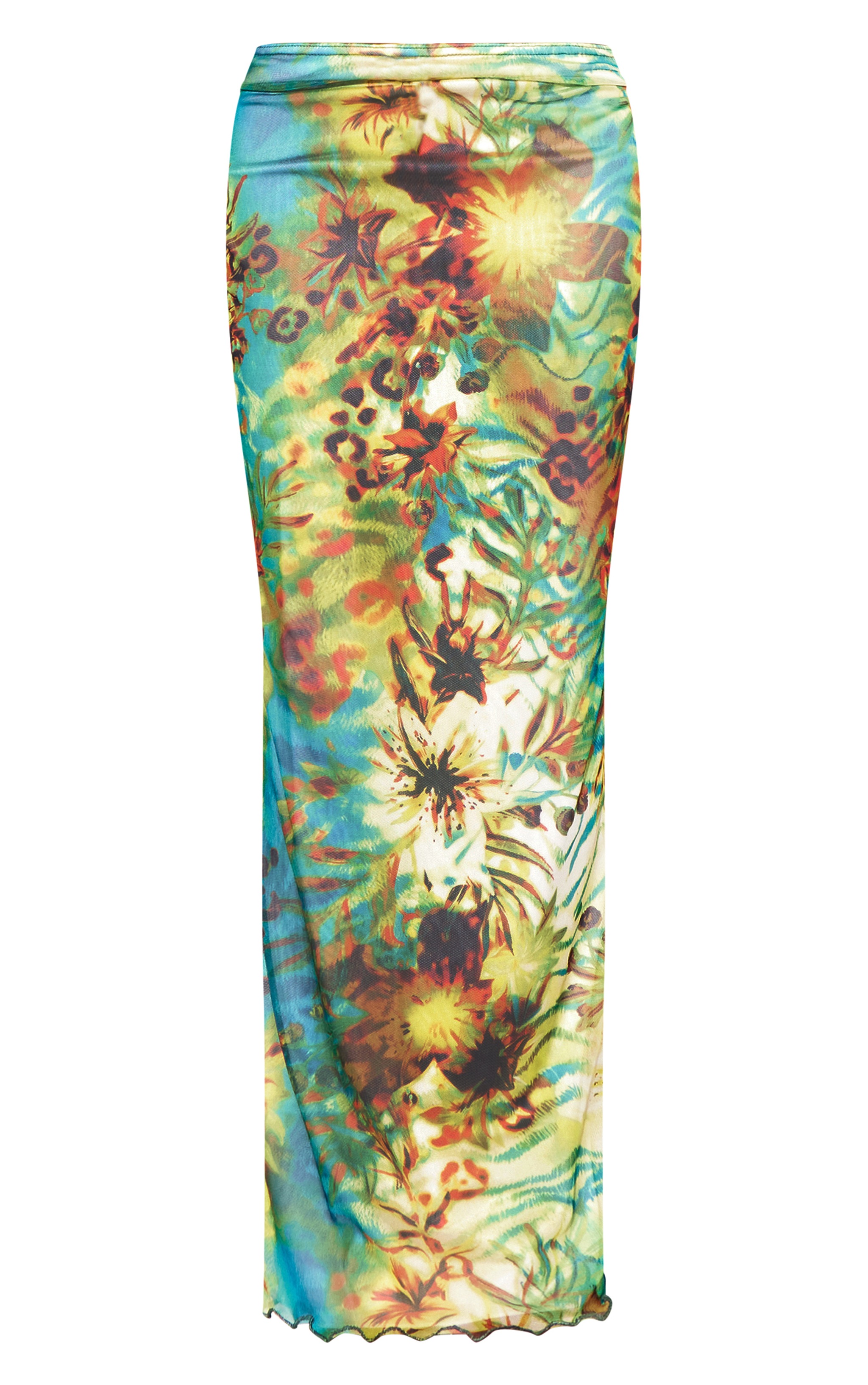 Green Floral Print Mesh Low Rise Midaxi Skirt image 5