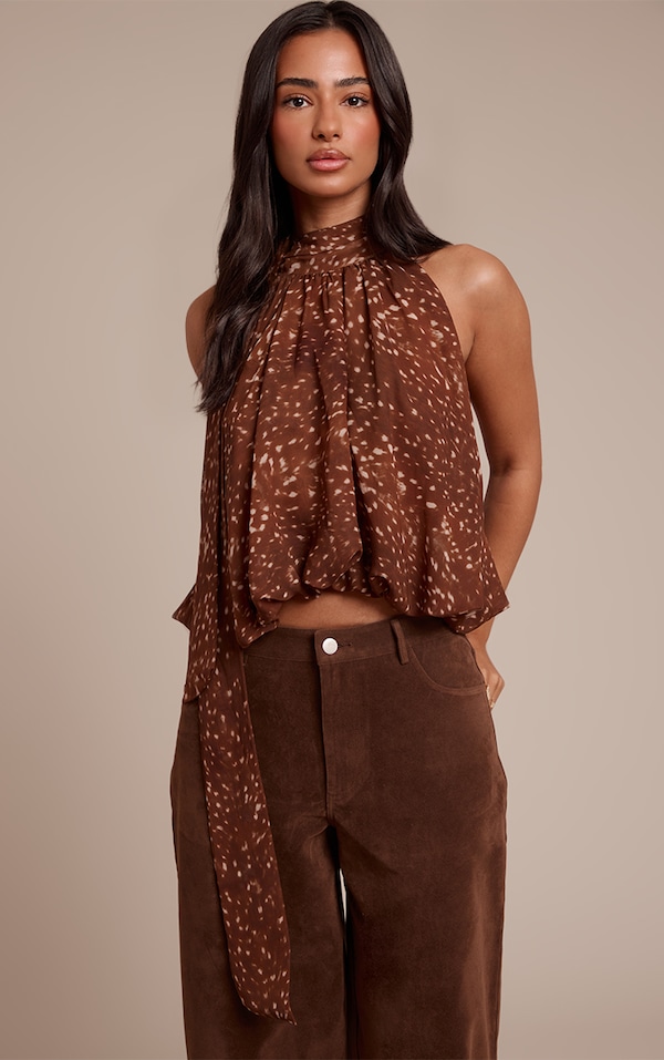 Petite Printed High Neck Ruffle Scarf Top