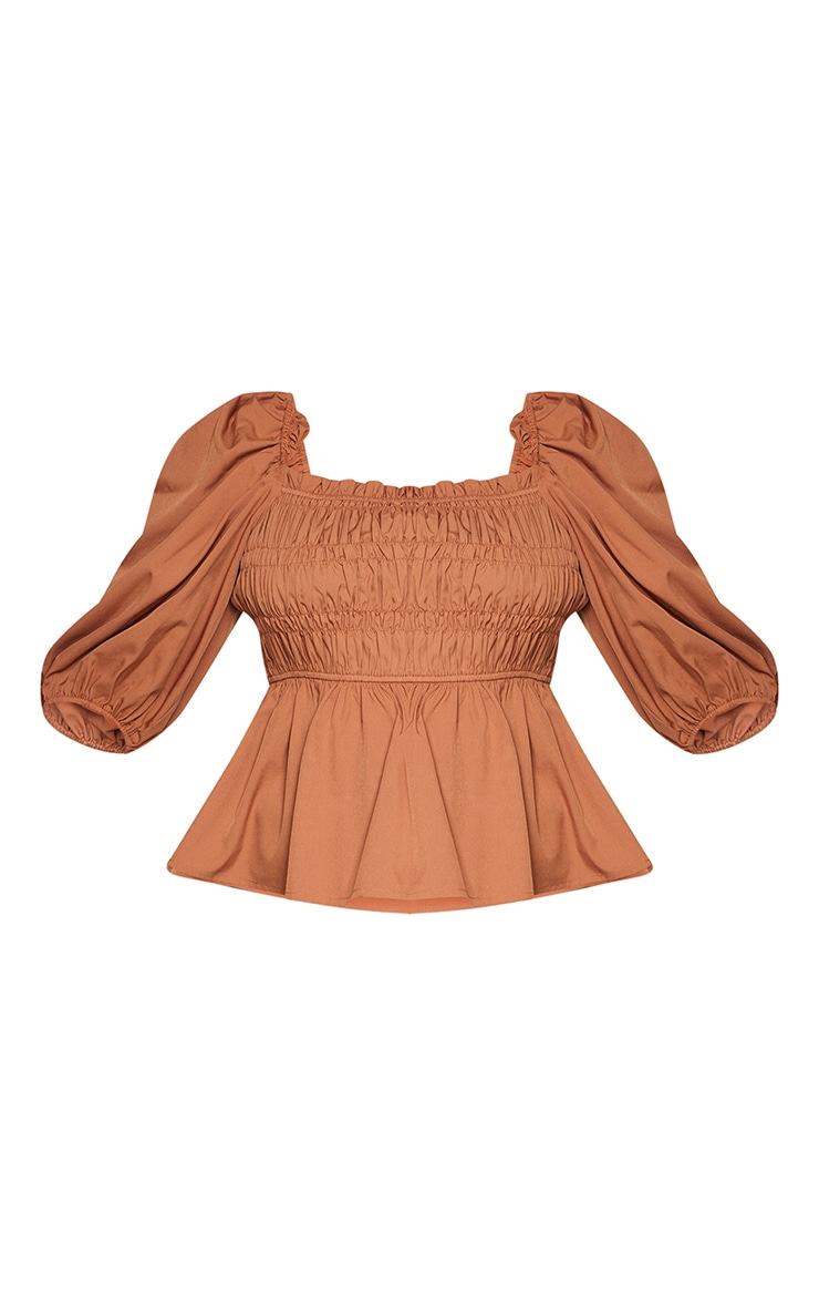 Plus Brown Shirred Puff Sleeve Blouse image 5