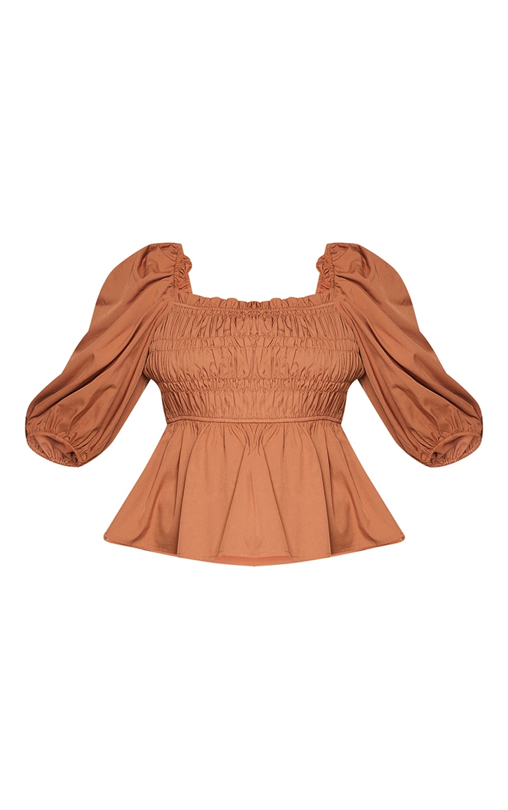 Plus Brown Shirred Puff Sleeve Blouse image 5