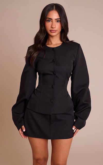 Petite Black Woven Cinched Waist Cocoon Sleeve Button Up Blazer