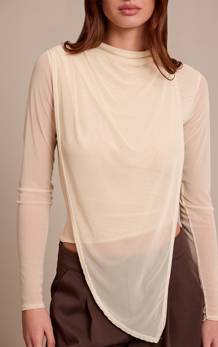 Cream High Neck Mesh Drapey Long Sleeve Top image 4