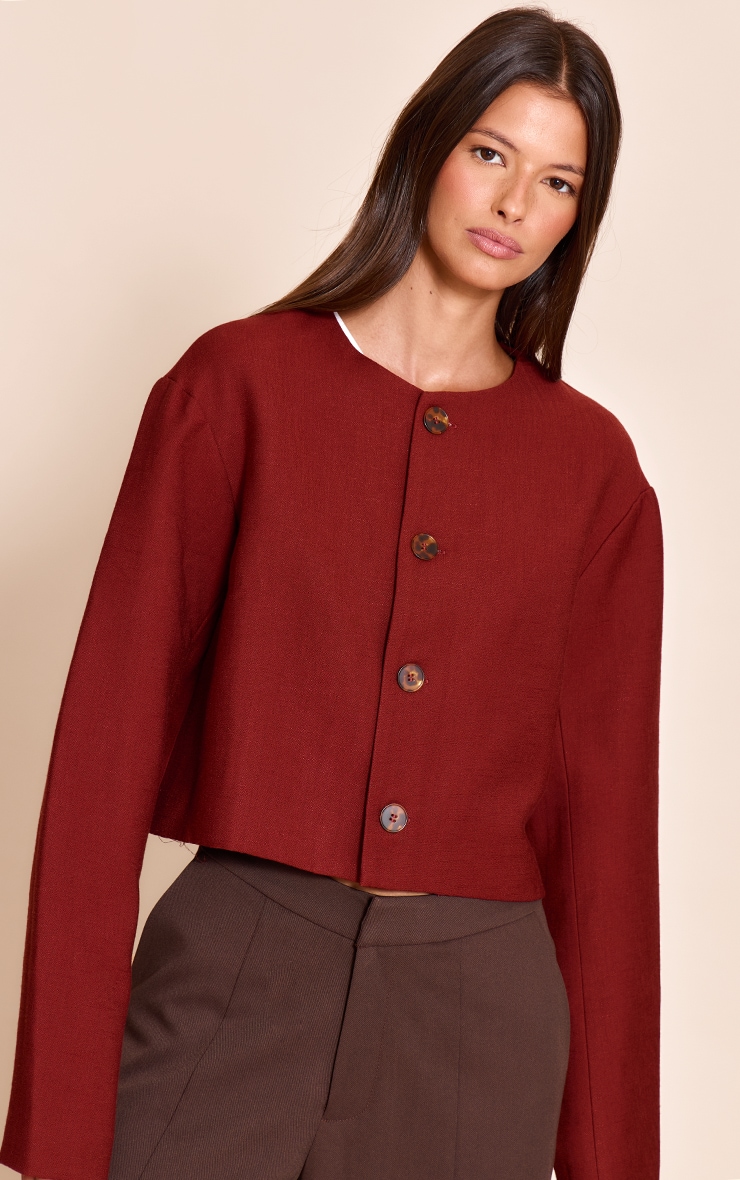 Rust Linen Look Boxy Button Up Jacket image 4