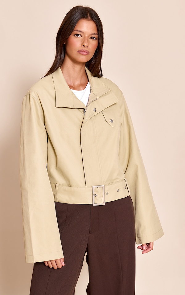 Beige Cropped Belted Biker Jacket