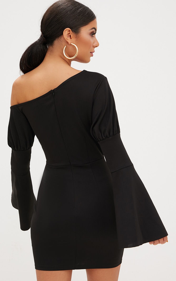 Black One Shoulder Balloon Sleeve Cut Out Bodycon Dress ...