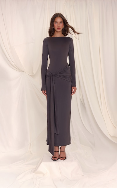 Charcoal Soft Touch Boat Neck Wrap Detail Maxi Dress