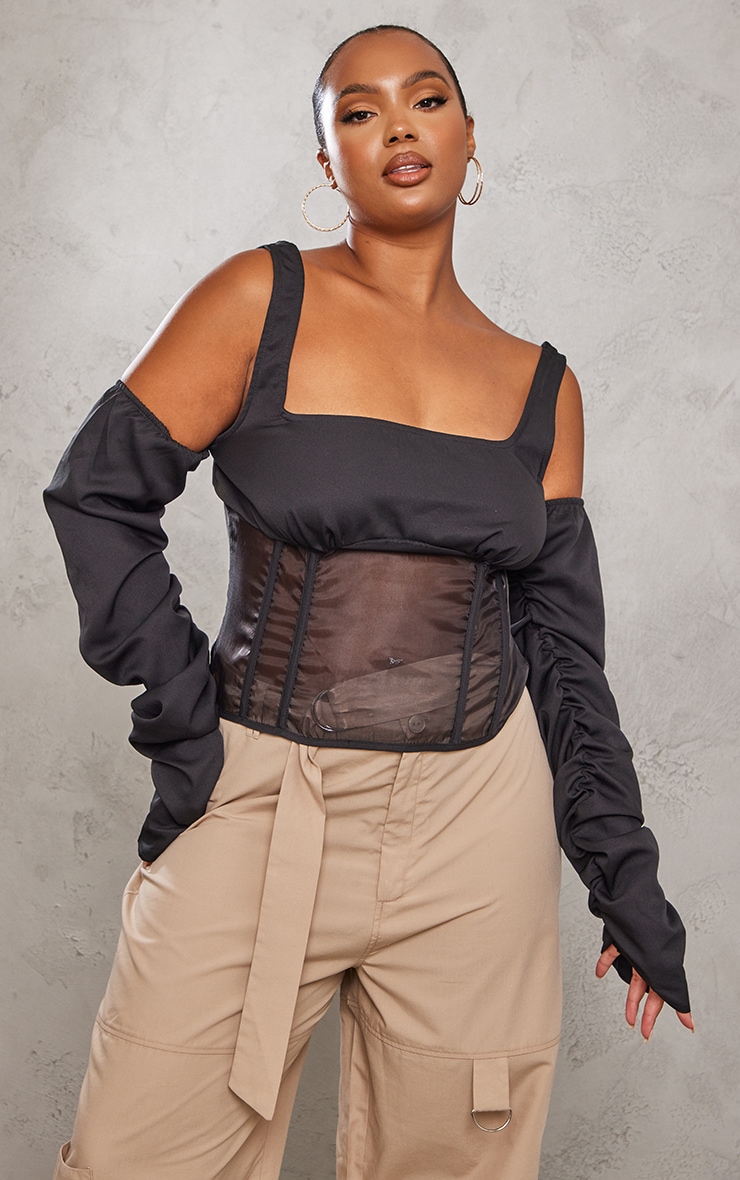 Plus Black Organza Corset Top Plus Size PrettyLittleThing AUS