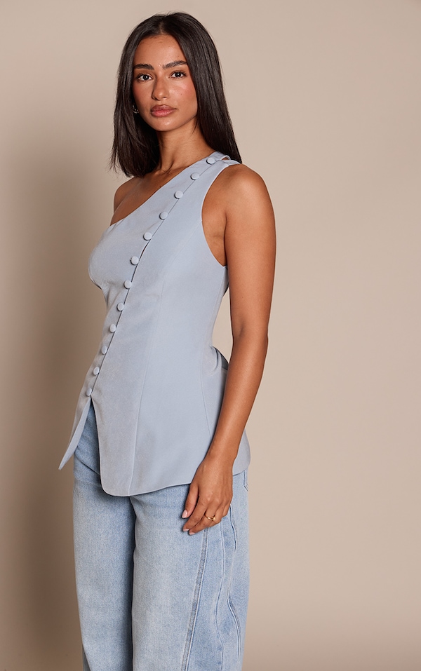 Petite Baby Blue Button Through Neckline Tailored Woven Waistcoat 