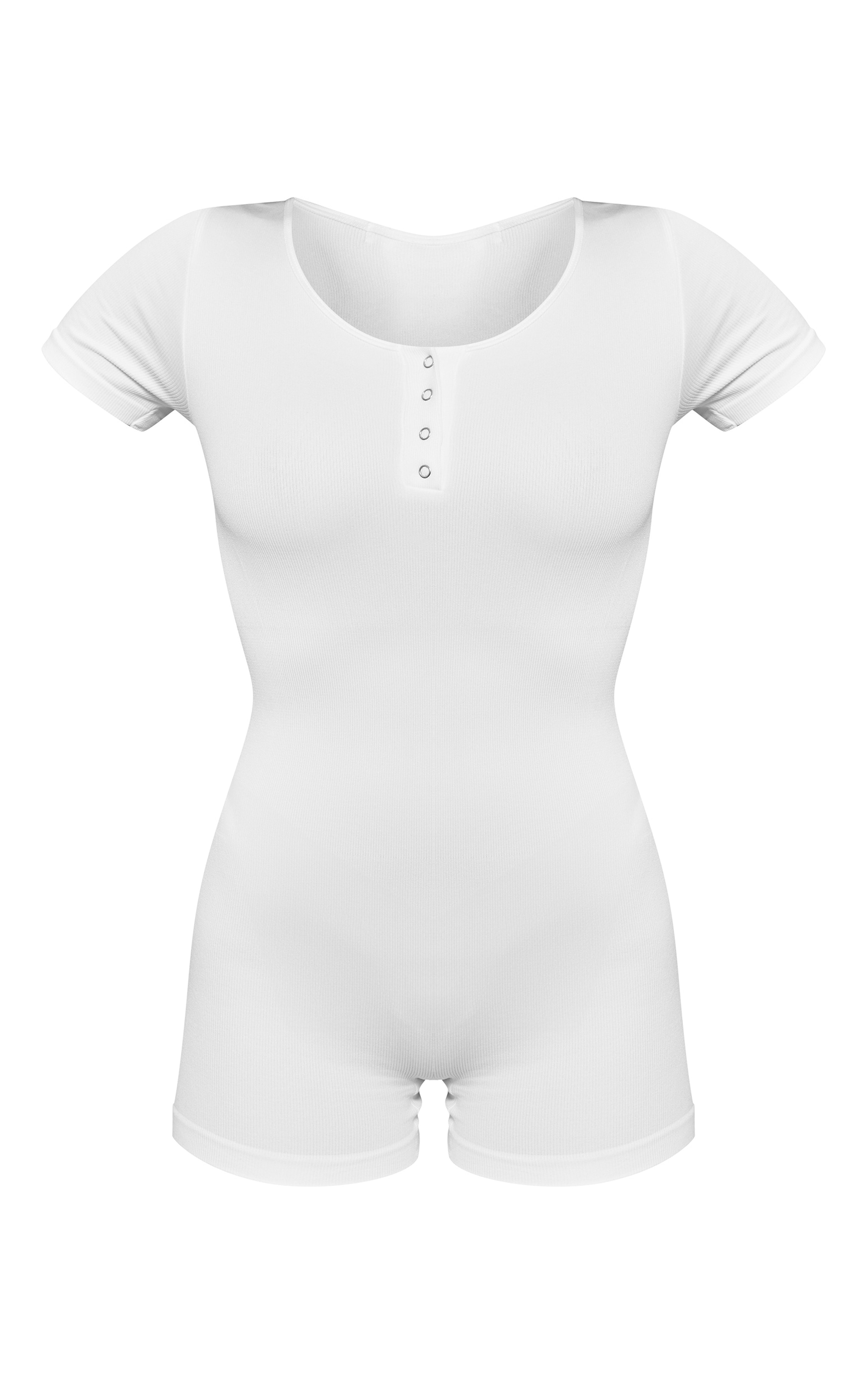 White Seamless Button Detail Short Sleeve Unitard image 5