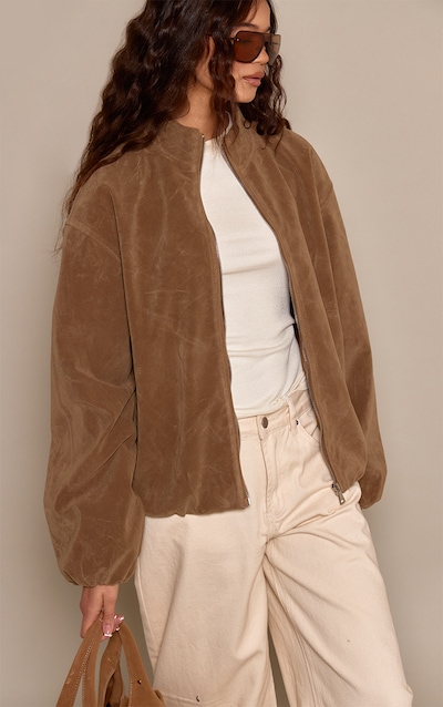 Mushroom Faux Suede Bomber Jacket