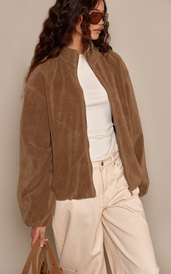 Mushroom Faux Suede Bomber Jacket