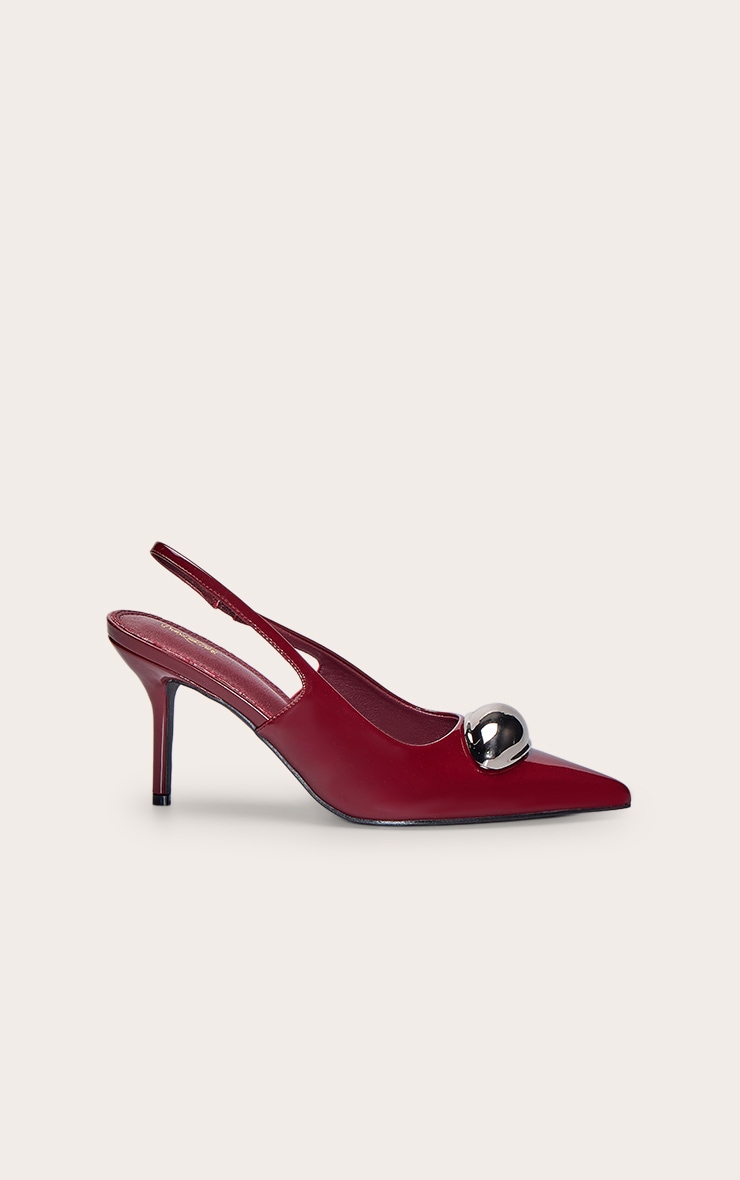 Plum Patent Silver Dome Trim Sling Back Court Heels image 2