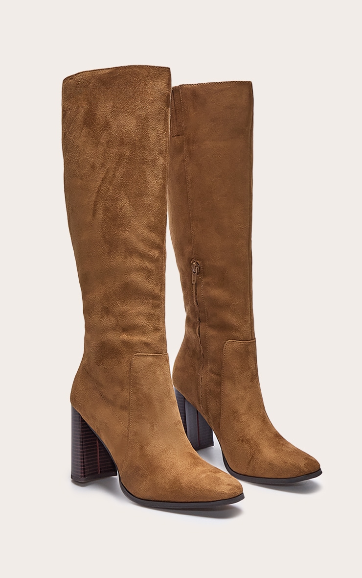 Tan Faux Suede Round Toe High Block Heel Knee High Boots image 2