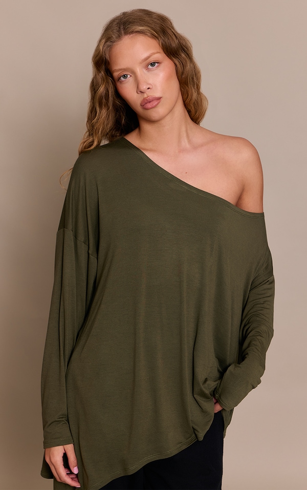 Khaki Soft Jersey Oversized Slouchy Long Sleeve Top