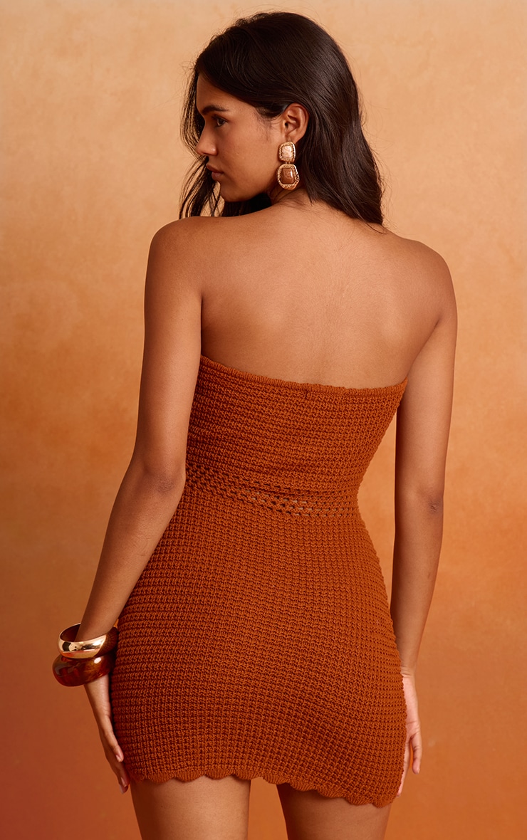 Burnt Orange Crochet Knit Bandeau Front Tie Mini Dress image 2