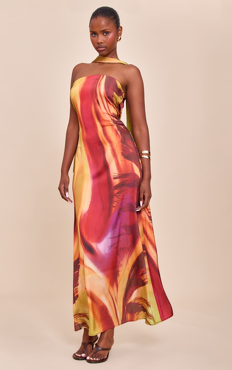 Pink Abstract Print Satin Bandeau Scarf Detail Maxi Dress image 1
