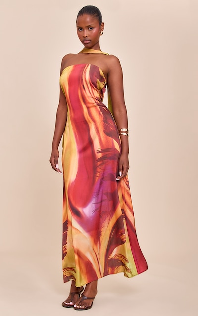 Robe bustier longue satinée rose imprimé abstrait à foulard