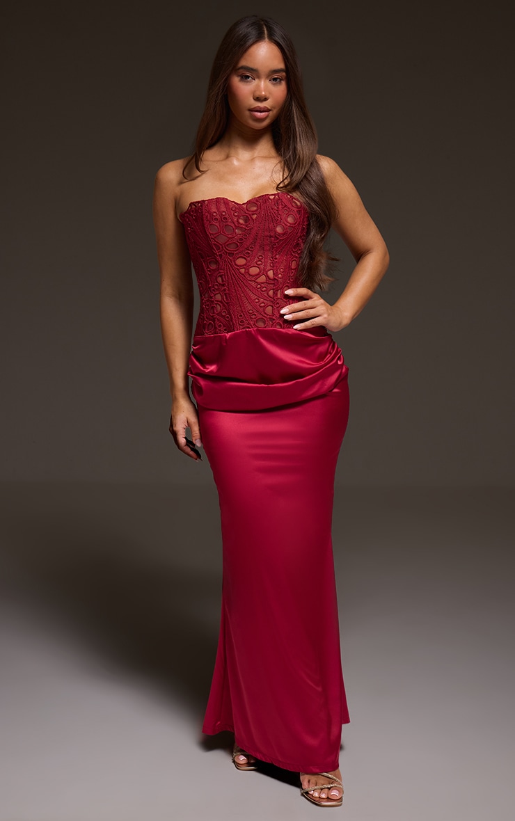 Burgundy Corset Detail Satin Ruched Maxi Dress image 1